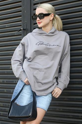 Boyalı Gri Nakışlı Kapüşonlu Kadın Sweatshirt MG1691