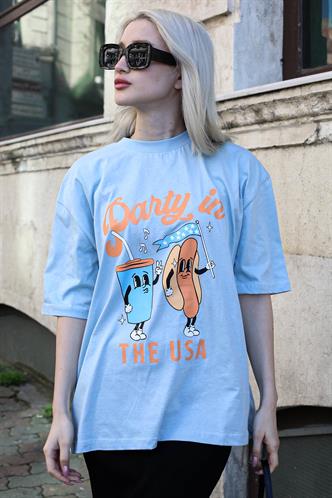 Buz Mavisi Baskılı Bisiklet Yaka Kadın Tişört MG1777