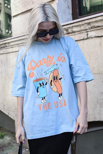 Buz Mavisi Baskılı Bisiklet Yaka Kadın Tişört MG1777