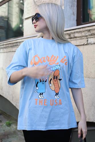 Buz Mavisi Baskılı Bisiklet Yaka Kadın Tişört MG1777