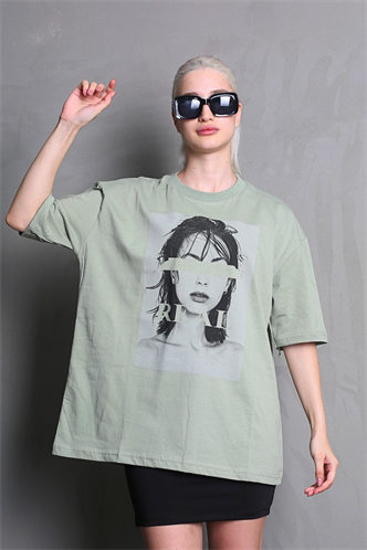 Çağla Yeşili Oversize Baskılı Kadın Tişört MG1764