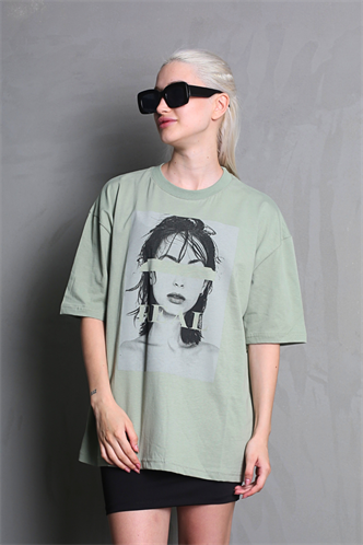 Çağla Yeşili Oversize Baskılı Kadın Tişört MG1764