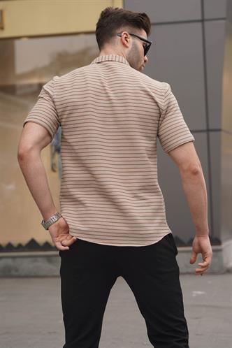 Camel Çizgili Slim Fit Erkek Kısa Kol Gömlek 5591