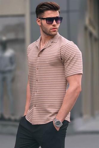 Camel Çizgili Slim Fit Erkek Kısa Kol Gömlek 5591