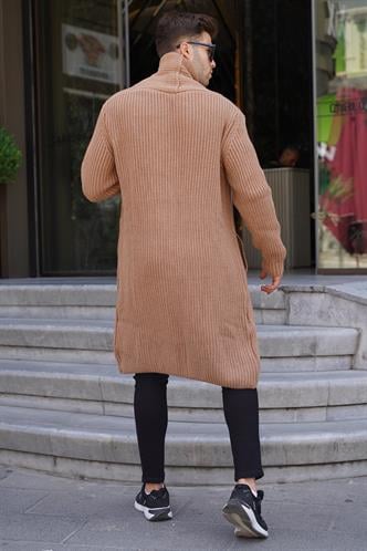 Camel Dik Yaka Cepli Uzun Triko Hırka 6816