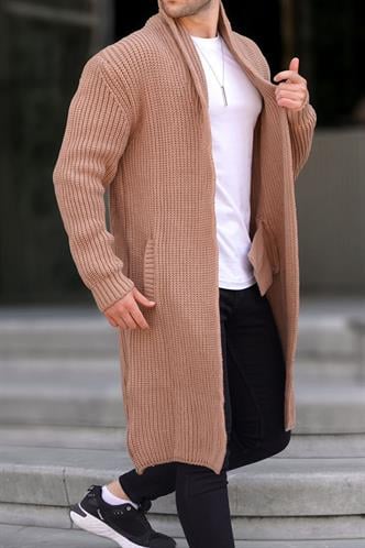 Camel Dik Yaka Cepli Uzun Triko Hırka 6816