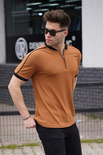 Camel Fermuar Yaka Erkek Penye Tişört