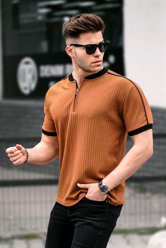 Camel Fermuar Yaka Erkek Penye Tişört