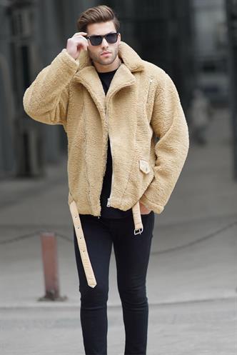 Camel Peluş Biker Erkek Ceket 6849