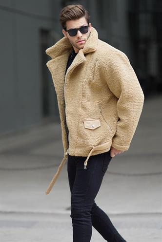 Camel Peluş Biker Erkek Ceket 6849