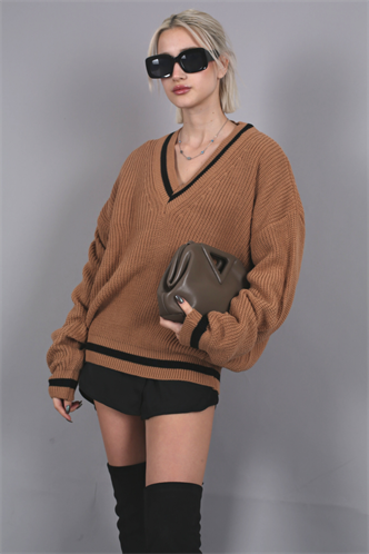 Women Camel Knitted V Neck Sweater MG1373