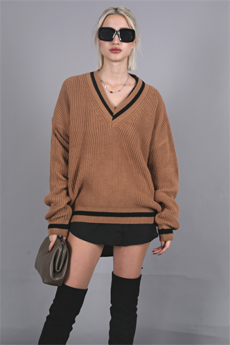 Women Camel Knitted V Neck Sweater MG1373