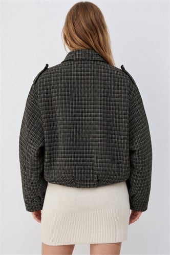 Haki Ekose Desenli Oversize Kadın Bomber Ceket MG2920