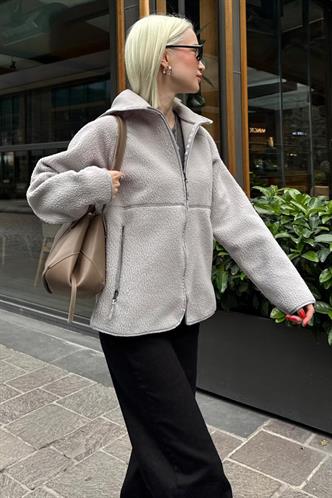 Gri Fermuarlı Kapüşonlu Polar Kadın Ceket MG2569