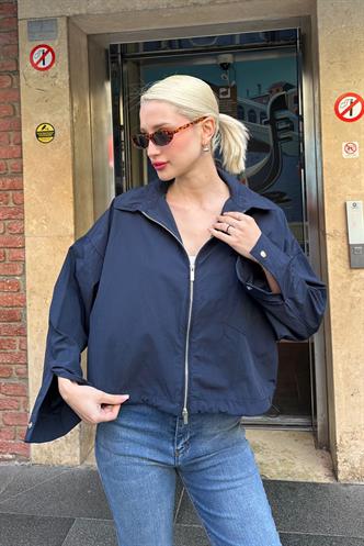 Lacivert Fermuarlı Cep Detaylı Oversize Kadın Ceket MG2188