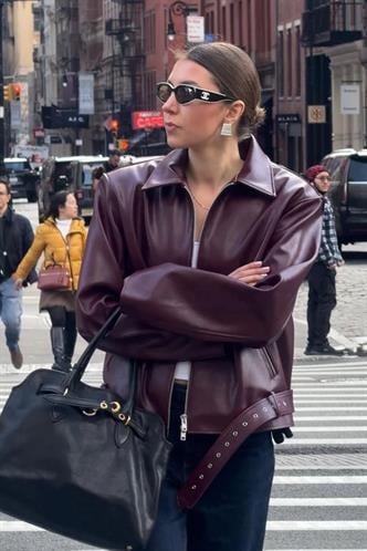 Bordo  Kemerli Suni Deri Kadın Ceket Mg2548