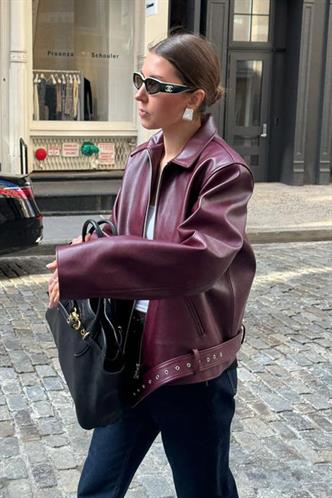 Bordo  Kemerli Suni Deri Kadın Ceket Mg2548