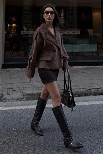 Kahverengi Kruvaze Yaka Düğmeli Kadın Süet Ceket MG2626