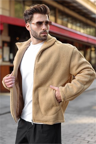 Bej Çift Fermuarlı Dik Yaka Peluş Erkek Ceket E7193