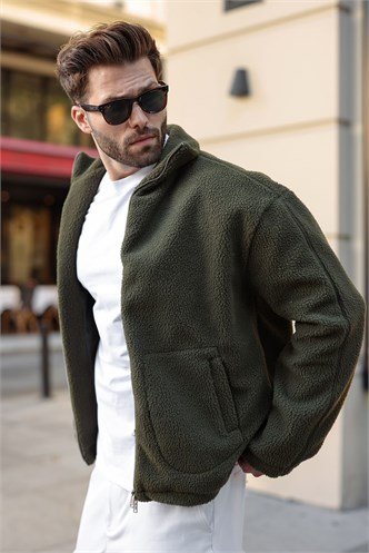 Haki Çift Fermuarlı Dik Yaka Peluş Erkek Ceket E7193