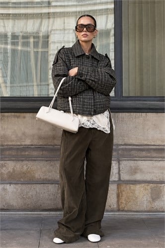 Haki Ekose Desenli Oversize Kadın Bomber Ceket MG2920
