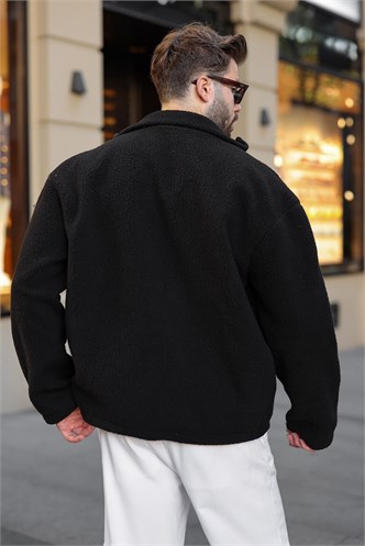 Siyah Çift Fermuarlı Dik Yaka Peluş Erkek Ceket E7193