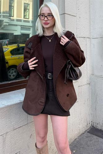 Kahverengi Oversize Kürklü Süet Ceket MG2622