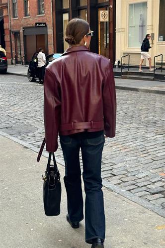 Bordo  Kemerli Suni Deri Kadın Ceket Mg2548