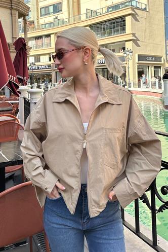 Camel Fermuarlı Cep Detaylı Oversize Kadın Ceket MG2188