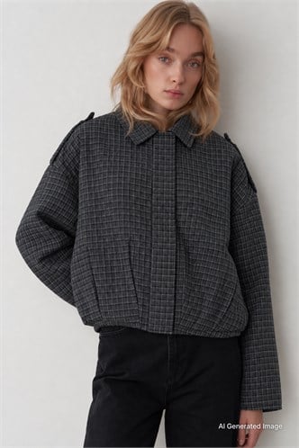 Antrasit Ekose Desenli Oversize Kadın Bomber Ceket MG2920