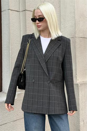 Antrasit Kareli Kadın Blazer Ceket MG2624