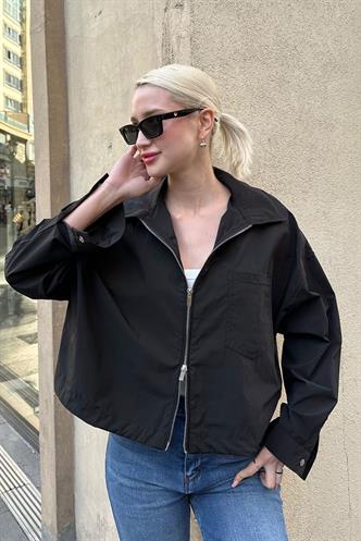 Siyah Fermuarlı Cep Detaylı Oversize Kadın Ceket MG2188