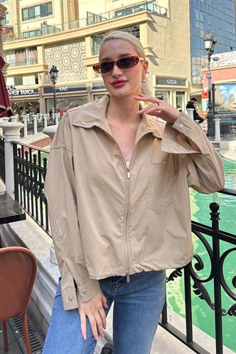 Camel Fermuarlı Cep Detaylı Oversize Kadın Ceket MG2188