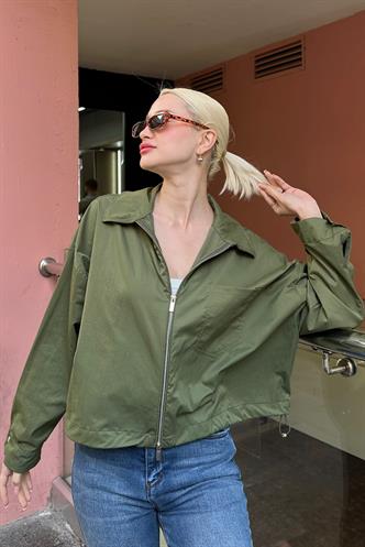 Haki Fermuarlı Cep Detaylı Oversize Kadın Ceket MG2188