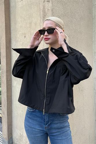 Siyah Fermuarlı Cep Detaylı Oversize Kadın Ceket MG2188