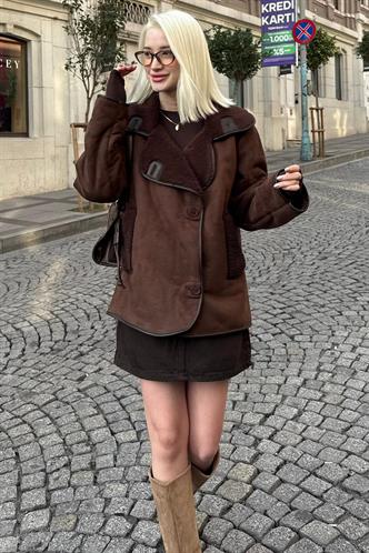 Kahverengi Oversize Kürklü Süet Ceket MG2622
