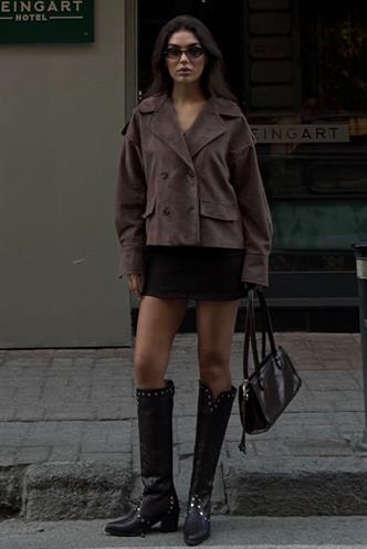 Kahverengi Kruvaze Yaka Düğmeli Kadın Süet Ceket MG2626