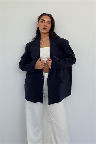 Lacivert Keten Blazer Kadın Ceket Mg2443