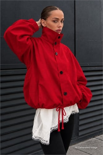 Kırmızı Dik Yaka Oversize Bomber Kadın Ceket MG2915