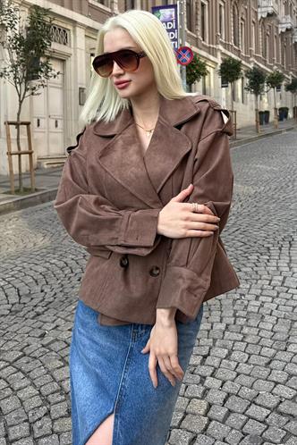 Kahverengi Kruvaze Yaka Düğmeli Kadın Süet Ceket MG2626