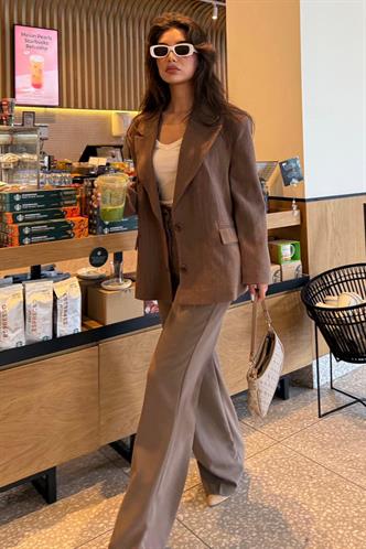 Kahverengi Keten Blazer Kadın Ceket Mg2443