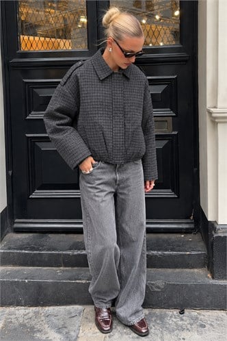 Antrasit Ekose Desenli Oversize Kadın Bomber Ceket MG2920