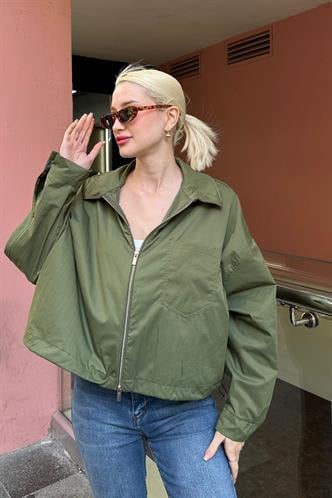 Haki Fermuarlı Cep Detaylı Oversize Kadın Ceket MG2188