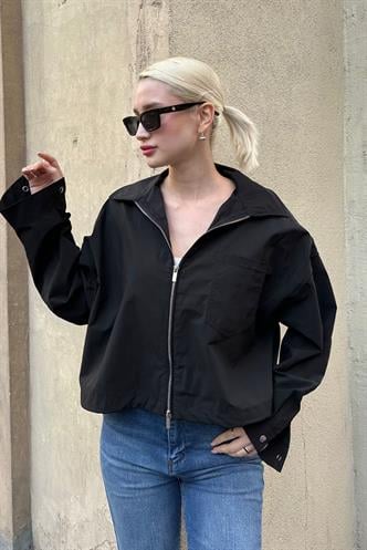 Siyah Fermuarlı Cep Detaylı Oversize Kadın Ceket MG2188