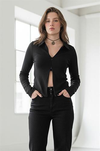 Siyah Polo Yaka Çift Fermuarlı Slim Fit Kadın Body MG2652