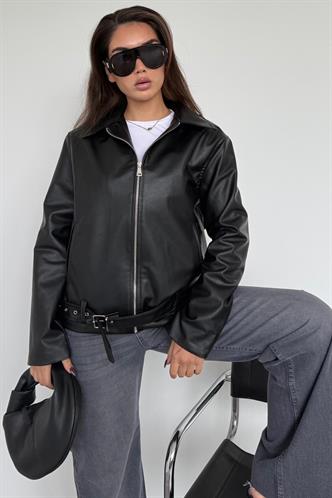 Siyah Kemerli Suni Deri Kadın Ceket Mg2548