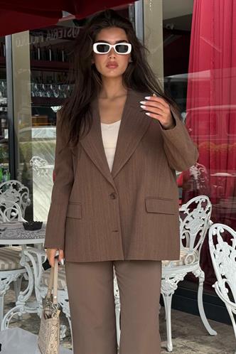 Kahverengi Keten Blazer Kadın Ceket Mg2443