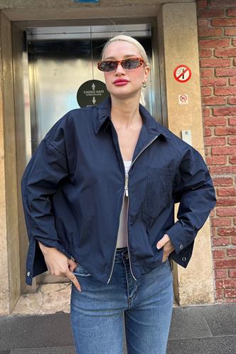 Lacivert Fermuarlı Cep Detaylı Oversize Kadın Ceket MG2188