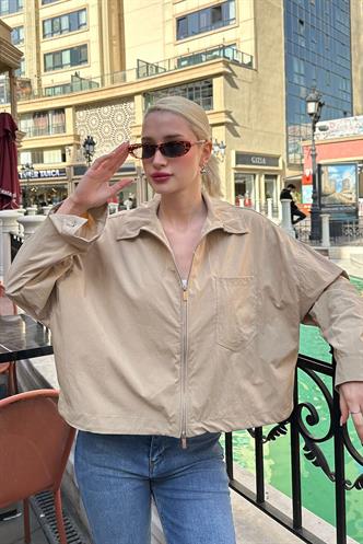 Camel Fermuarlı Cep Detaylı Oversize Kadın Ceket MG2188