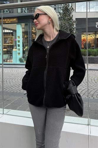 Siyah Fermuarlı Kapüşonlu Polar Kadın Ceket MG2569